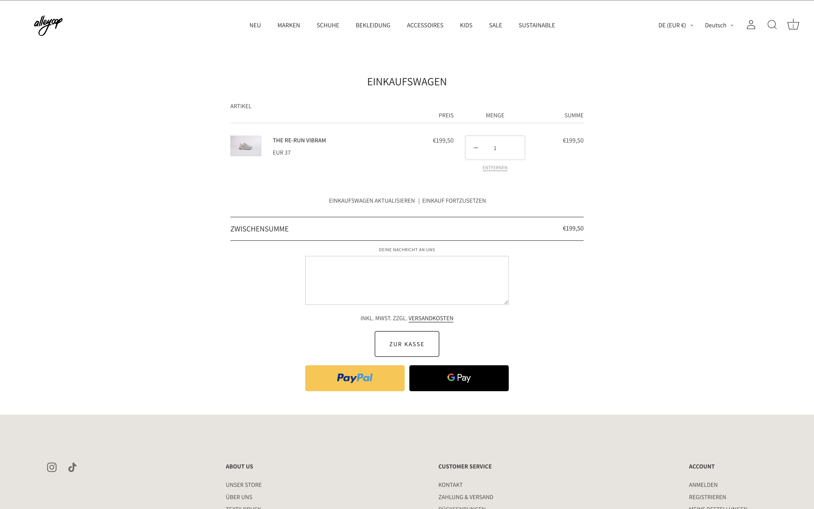 Warenkorb-Ansicht des Alleyoop Shopify-Shops